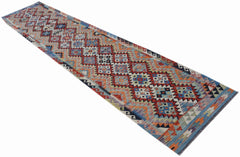 Handwoven Afghan Maimana wool runner rug featuring a colorful geometric diamond pattern.