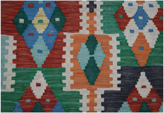 Handwoven Afghan Maimana kilim runner featuring a vibrant geometric pattern in wool.