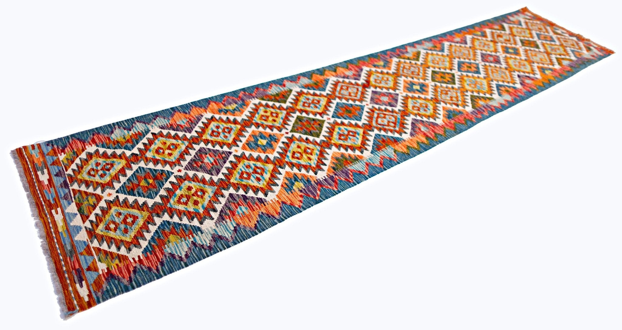 Handwoven Afghan Maimana wool runner rug featuring a colorful geometric diamond pattern.