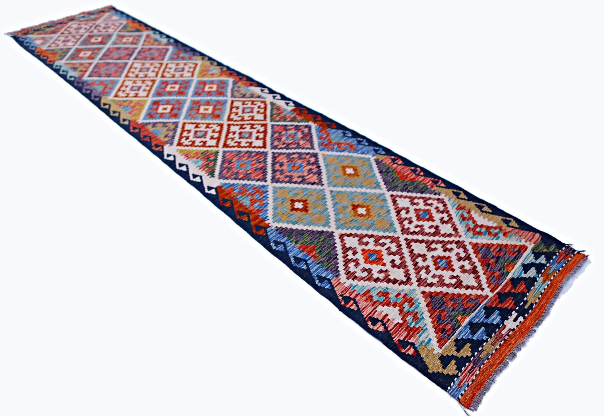 Handwoven Afghan Maimana wool runner rug featuring a colorful geometric diamond pattern.