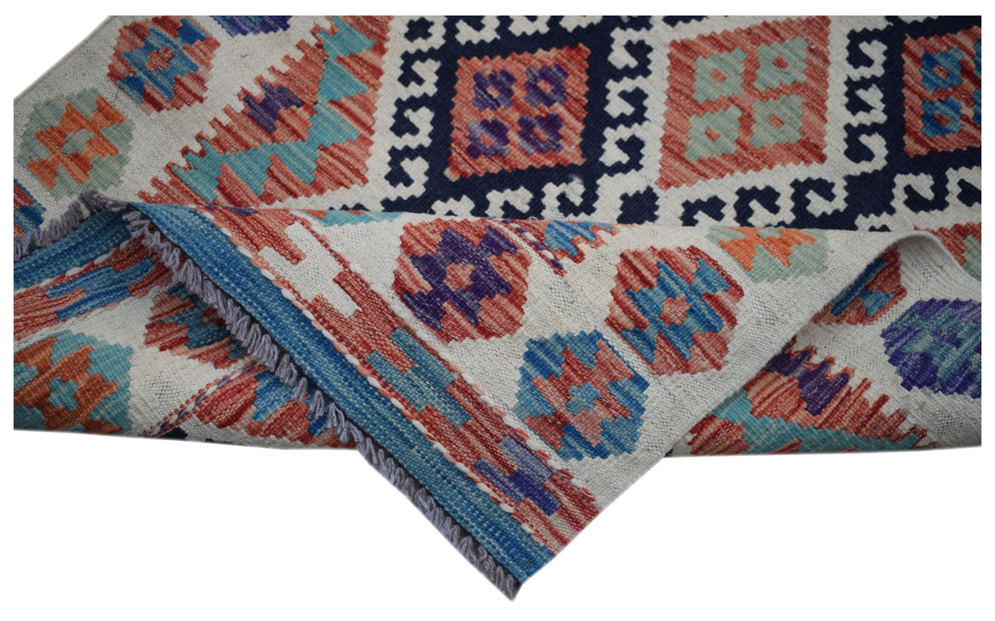 Handwoven Afghan Maimana kilim runner featuring geometric patterns in vibrant wool colors.