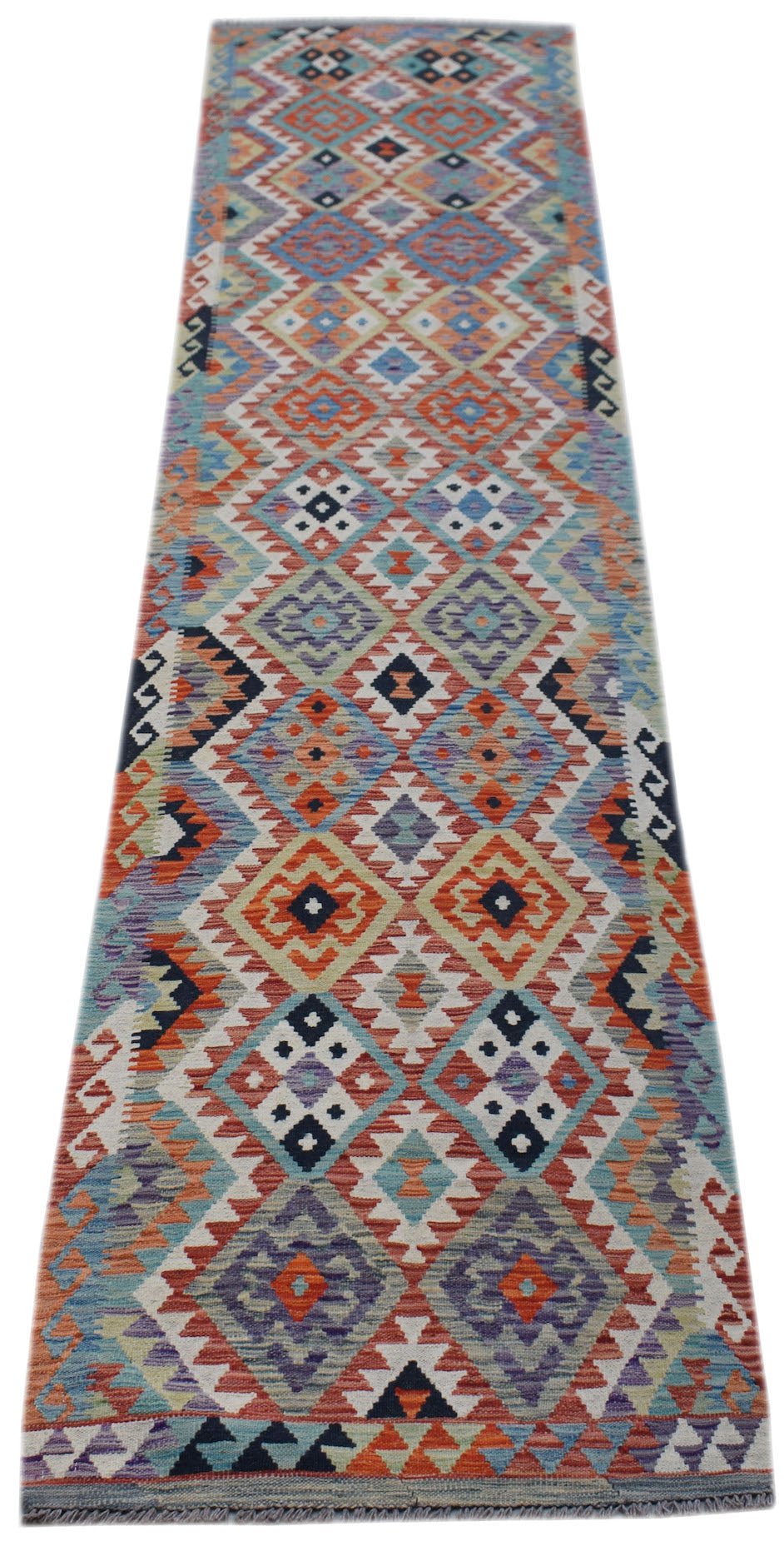 Handwoven Afghan Maimana wool runner featuring a colorful geometric diamond pattern.