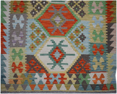 Handwoven Afghan Maimana kilim runner featuring a colorful geometric pattern in wool.