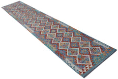 A long, handmade Afghan Maimana kilim runner featuring a vibrant geometric diamond pattern.