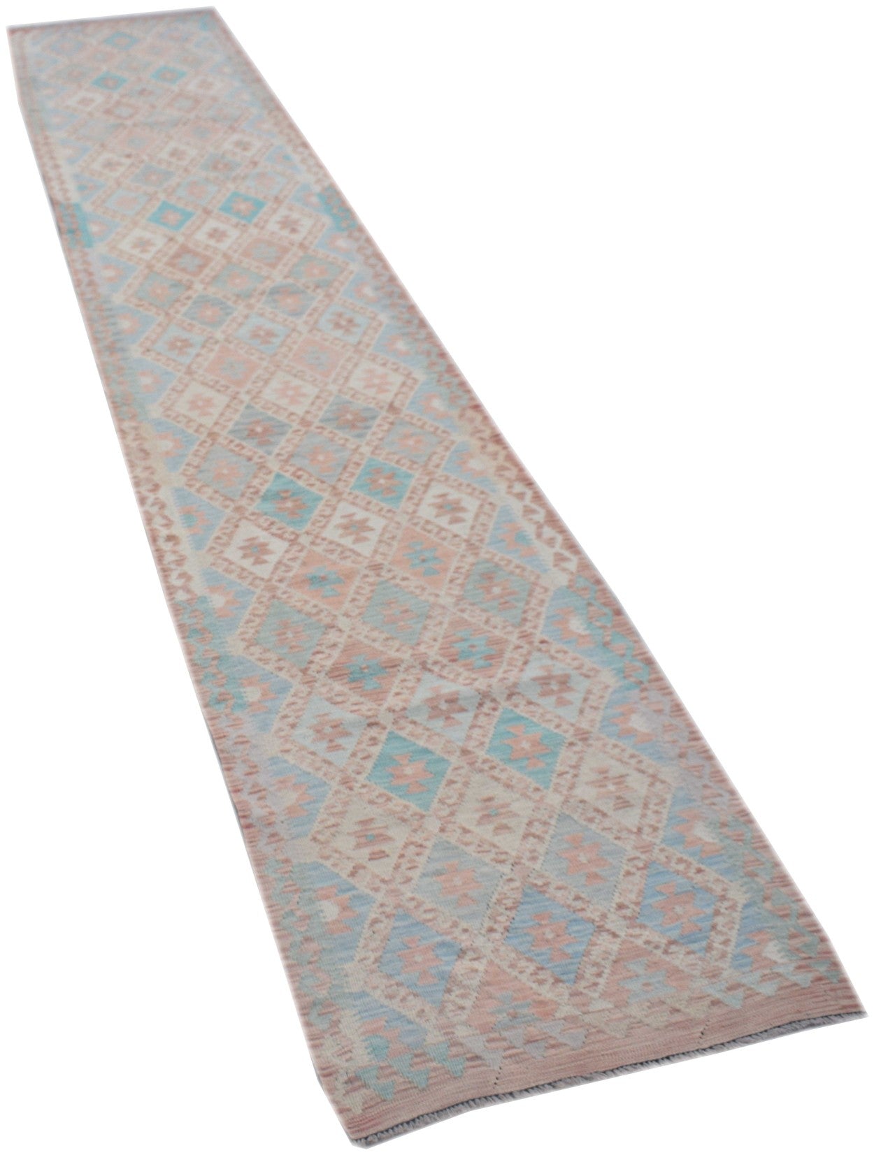 A handmade Afghan Maimana kilim runner featuring a geometric diamond pattern in soft blue and pink.