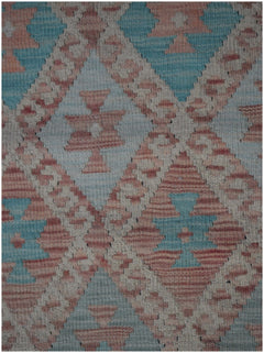 Handmade Afghan Maimana kilim runner featuring a geometric diamond pattern in blue and peach tones.