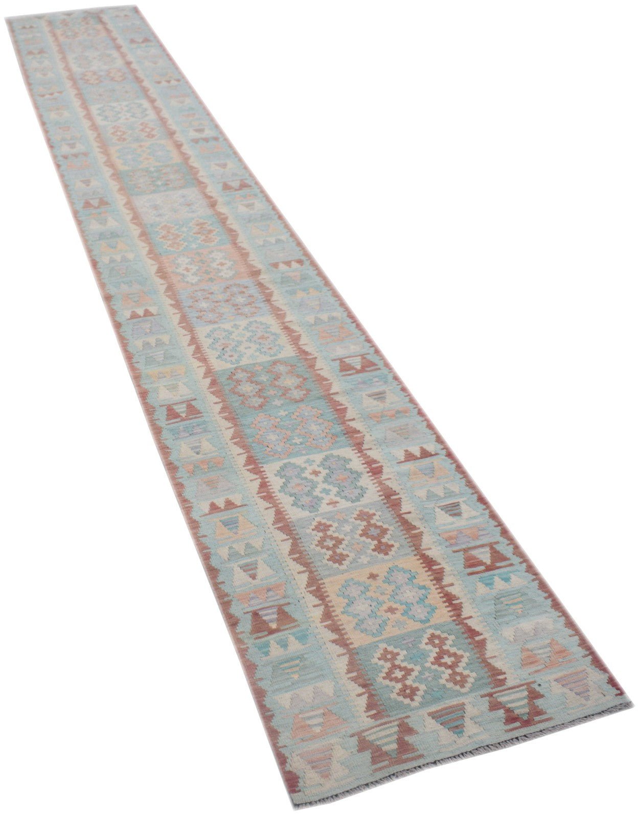 A handmade Afghan Maimana kilim runner featuring geometric patterns in soft blue and red tones.