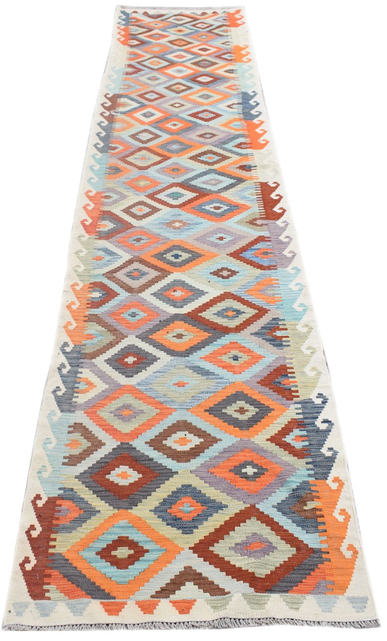 Handmade Afghan Maimana Kilim runner featuring a colorful geometric diamond pattern.