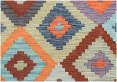 Handmade Afghan Maimana kilim runner featuring a vibrant geometric diamond pattern in wool.