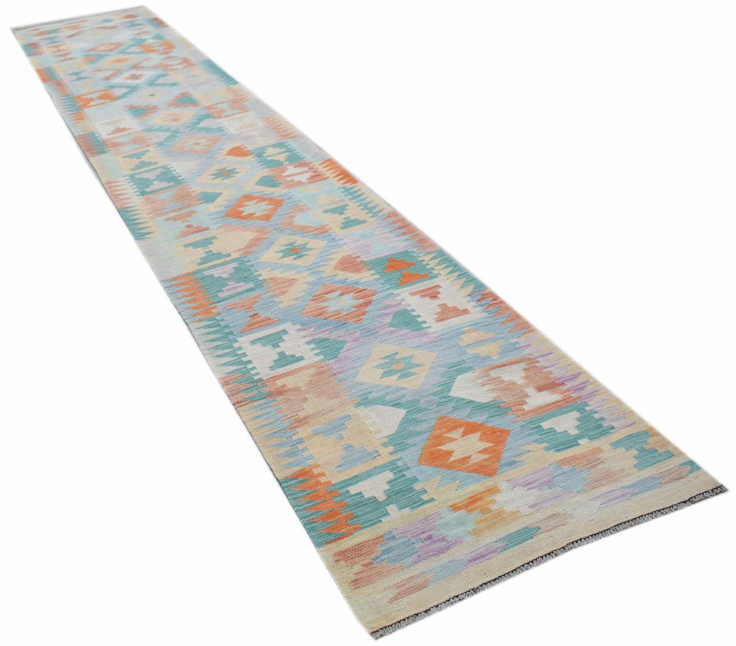 A handmade Afghan Maimana Kilim runner featuring a geometric pattern in soft pastel colors.