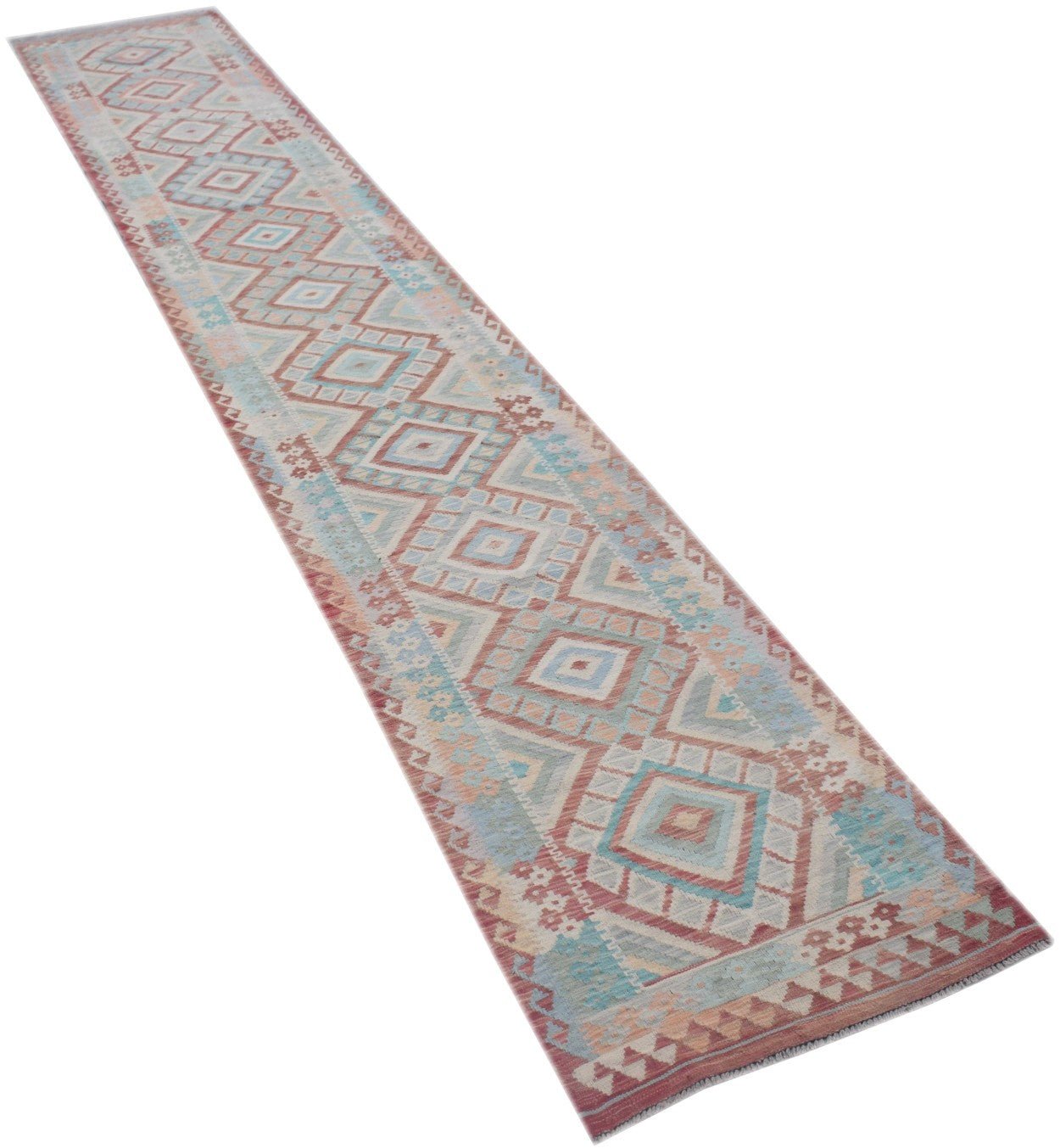 Handmade Afghan Maimana Kilim runner featuring a geometric diamond pattern in muted earth tones.