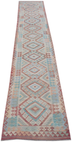 Handmade Afghan Maimana kilim runner featuring a repeating geometric diamond pattern in muted tones.