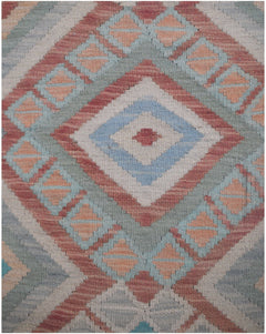 Handmade Afghan Maimana kilim runner featuring a geometric diamond pattern in muted earth tones.