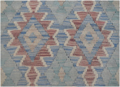 Handwoven Afghan Maimana kilim runner featuring a repeating geometric diamond pattern in blue and red.