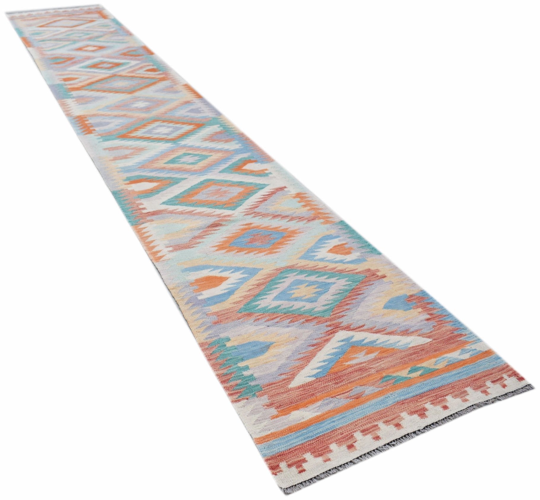 A long, handmade Afghan Maimana kilim runner featuring a colorful geometric diamond pattern.