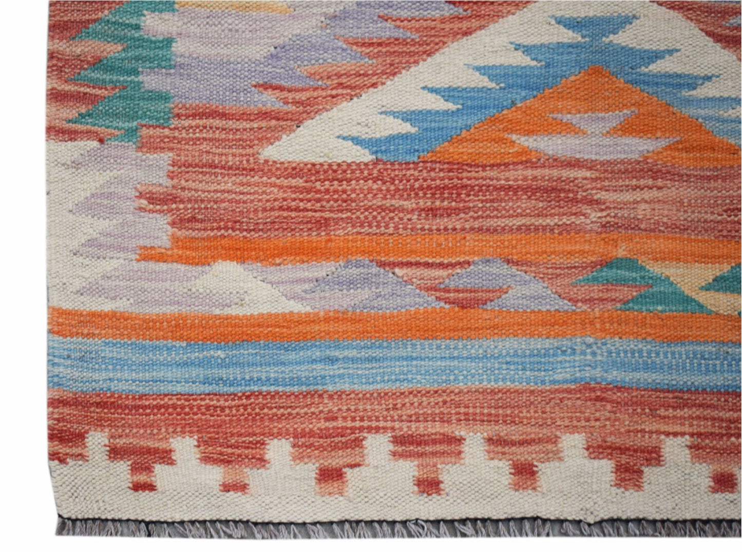Handwoven Afghan Maimana kilim runner featuring a geometric pattern in vibrant orange and blue.