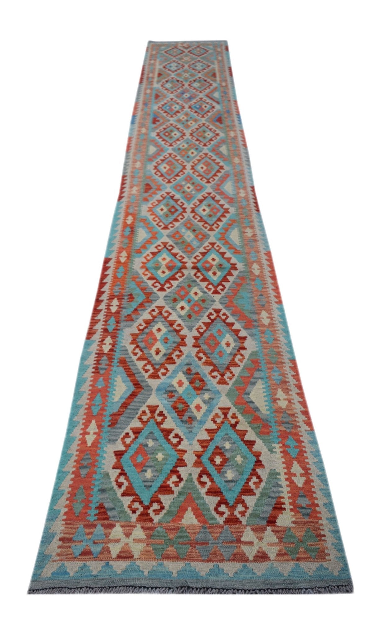 Handwoven Afghan Maimana wool runner rug featuring a colorful geometric diamond pattern.
