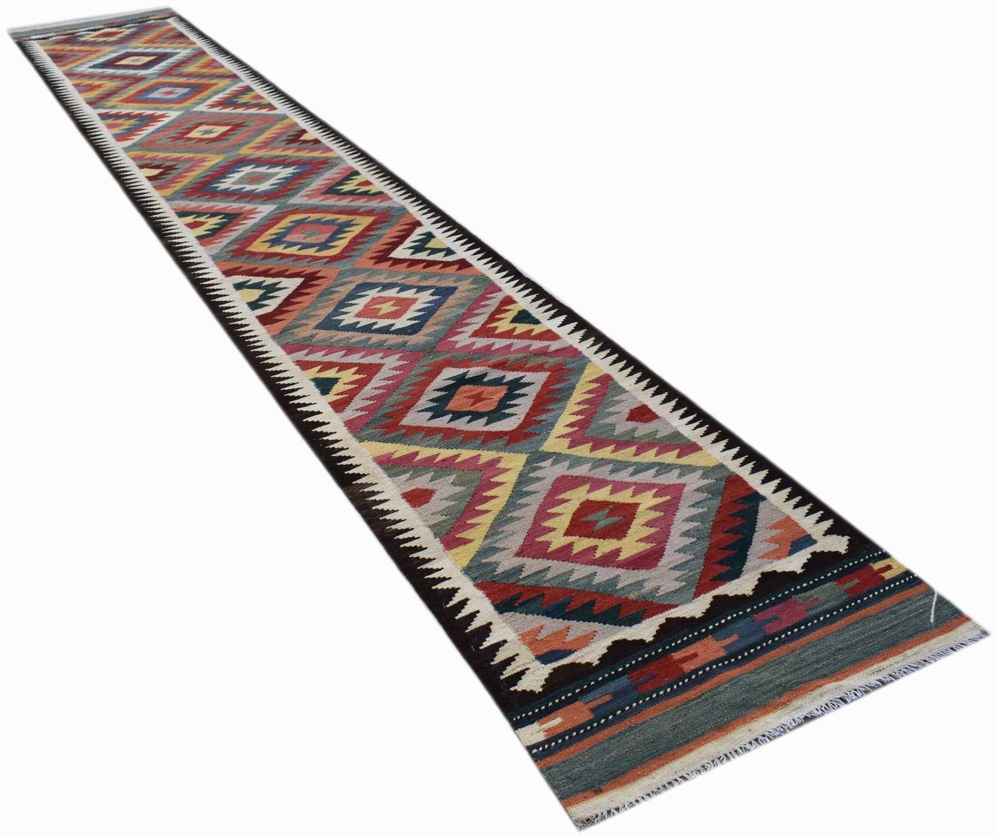 Handwoven Afghan Maimana wool runner rug featuring a colorful geometric diamond pattern.