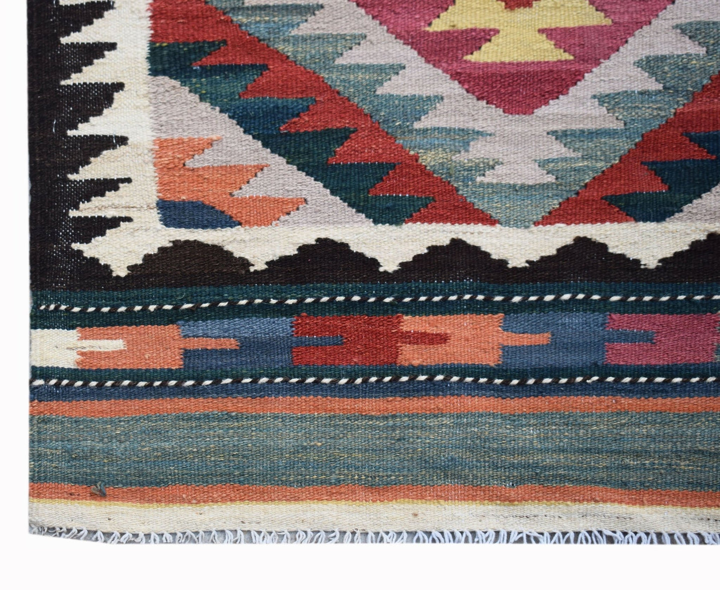 Handwoven Afghan Maimana wool kilim runner featuring geometric patterns in vibrant colors.