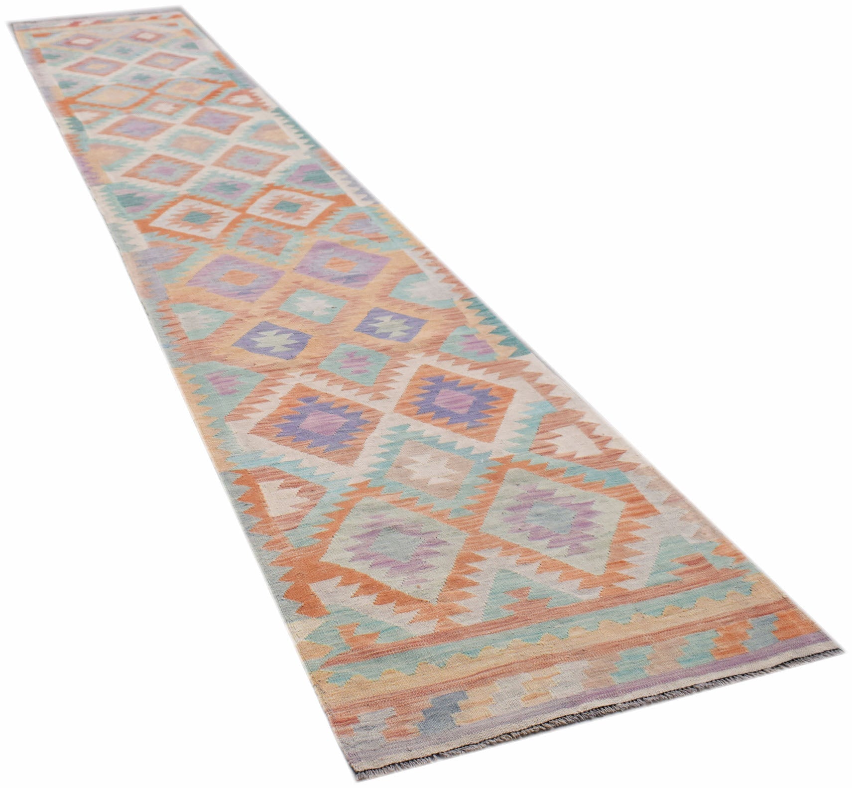Handwoven Afghan Maimana wool runner rug featuring a geometric diamond pattern in pastel tones.