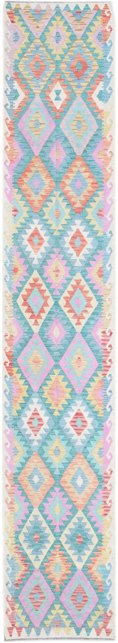 Handwoven Afghan Maimana wool runner rug featuring a colorful geometric diamond pattern.