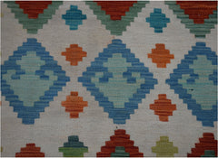 Handwoven Afghan Maimana kilim runner featuring a geometric pattern in blue, orange, and green.