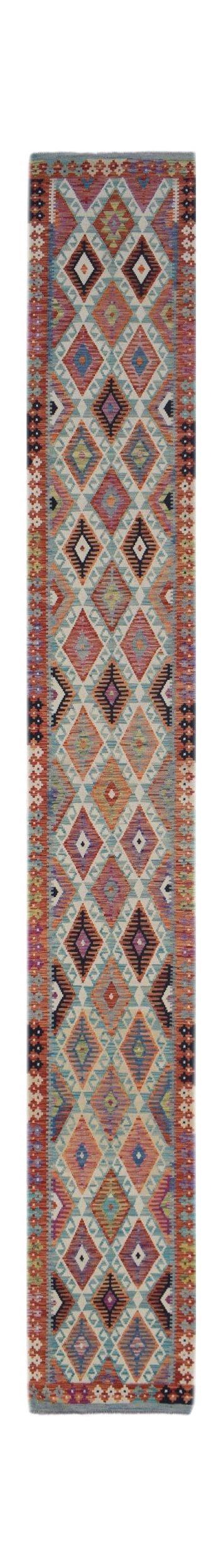 Handwoven Afghan Maimana wool runner featuring a colorful geometric diamond pattern.