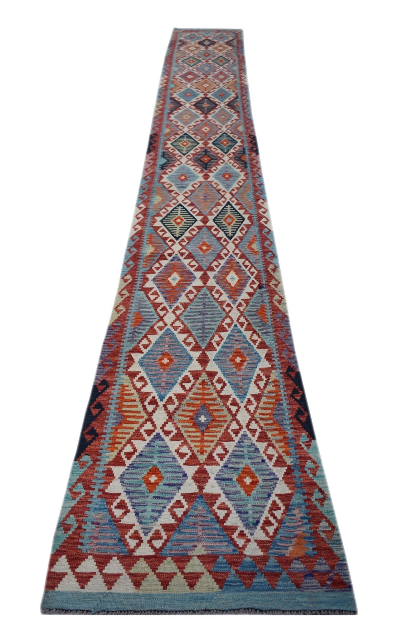 Handwoven Afghan Maimana wool runner featuring a colorful geometric diamond pattern.