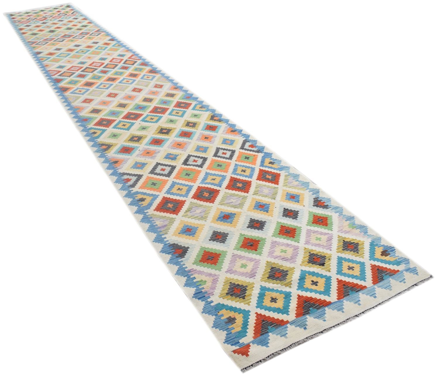 Handmade Afghan Maimana kilim runner featuring a colorful geometric diamond pattern.