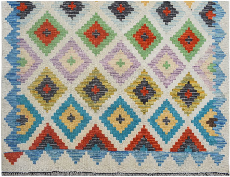 Handmade Afghan Maimana kilim runner featuring a colorful geometric diamond pattern.