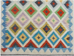 Handmade Afghan Maimana kilim runner featuring a colorful geometric diamond pattern.