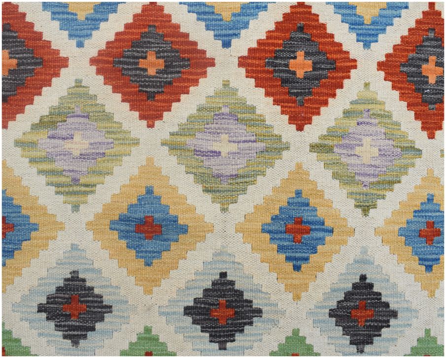 Handmade Afghan Maimana kilim runner featuring a repeating pattern of colorful geometric diamonds.