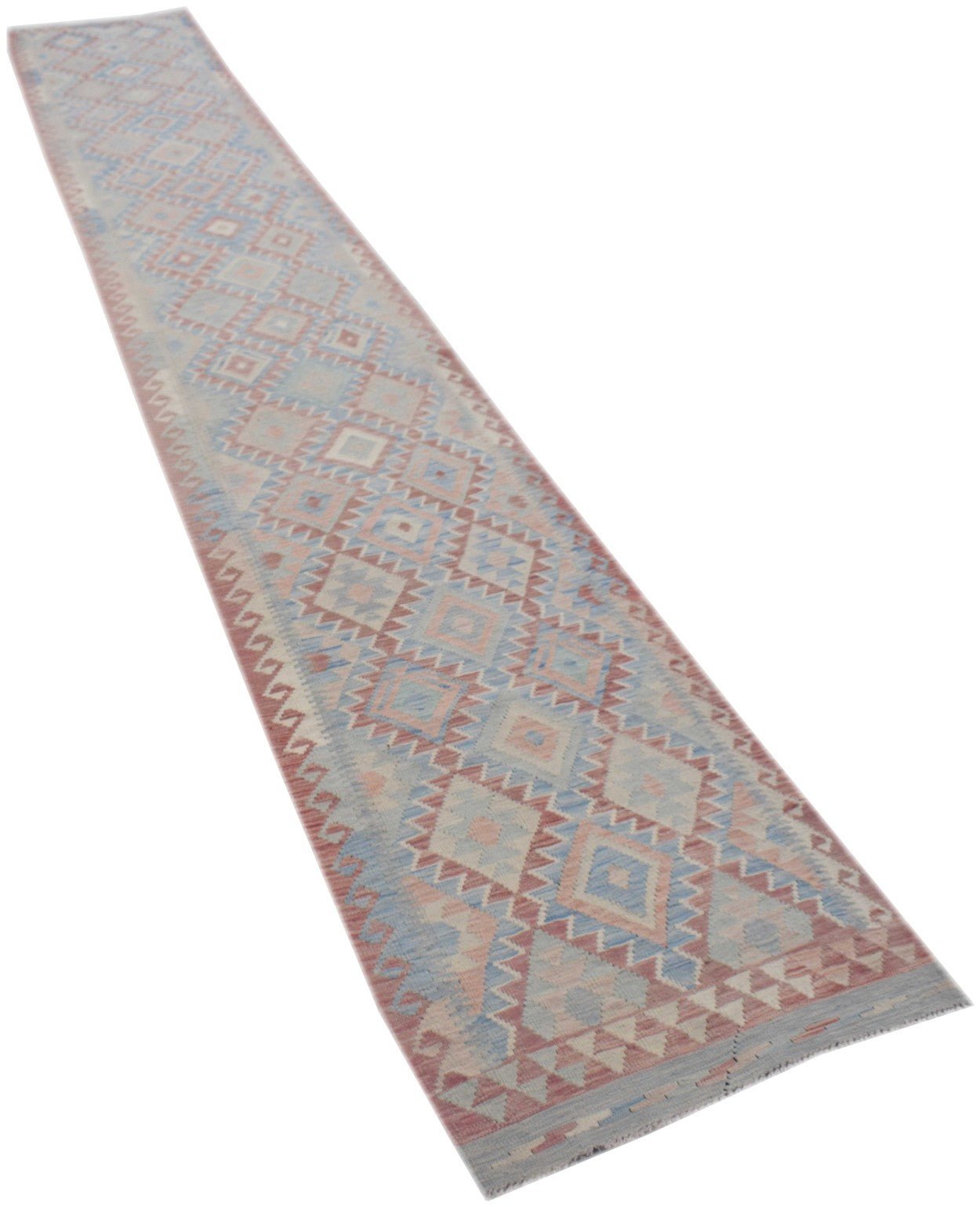 A handmade Afghan Maimana wool runner rug featuring a repeating geometric diamond pattern.