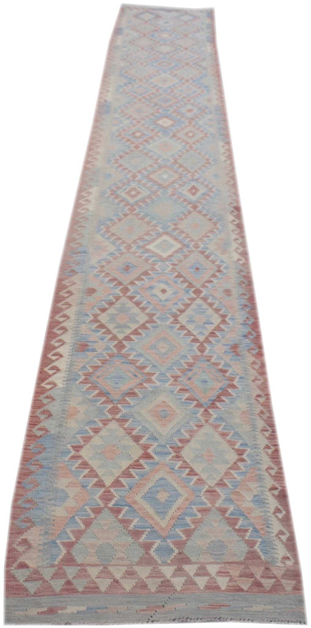 Handmade Afghan Maimana kilim runner featuring a geometric diamond pattern in soft blue and red.