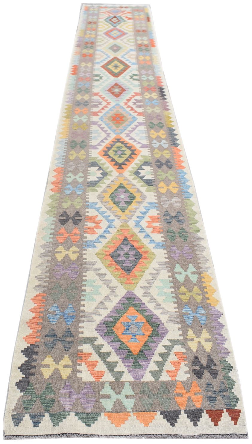 Handmade Afghan Maimana kilim runner featuring a colorful geometric diamond pattern on wool.
