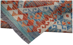 Handwoven Afghan Maimana kilim runner featuring a geometric pattern in orange, blue, and cream.