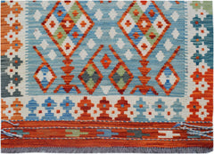 Handwoven Afghan Maimana kilim runner featuring geometric diamond patterns in blue and orange.