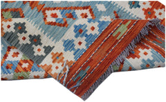 Afghan Maimana Kilim runner with geometric patterns in blue, orange, and white.