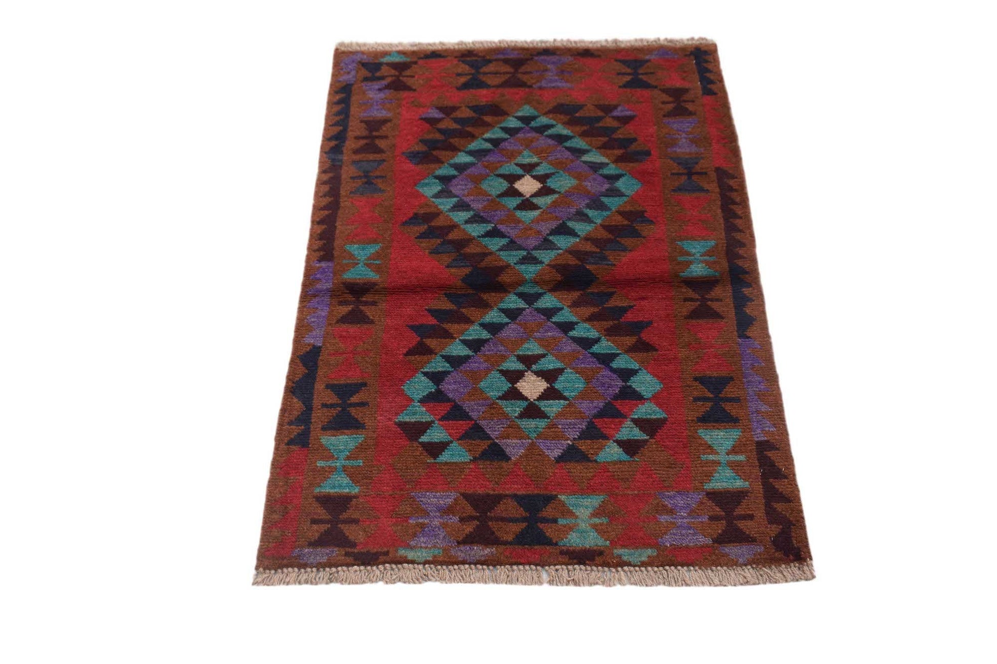 Handmade Afghan Pashm rug featuring a geometric diamond pattern in red, brown, and blue tones.
