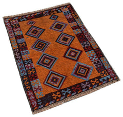 Handmade Afghan Pashm rug featuring a vibrant orange field with geometric diamond patterns.