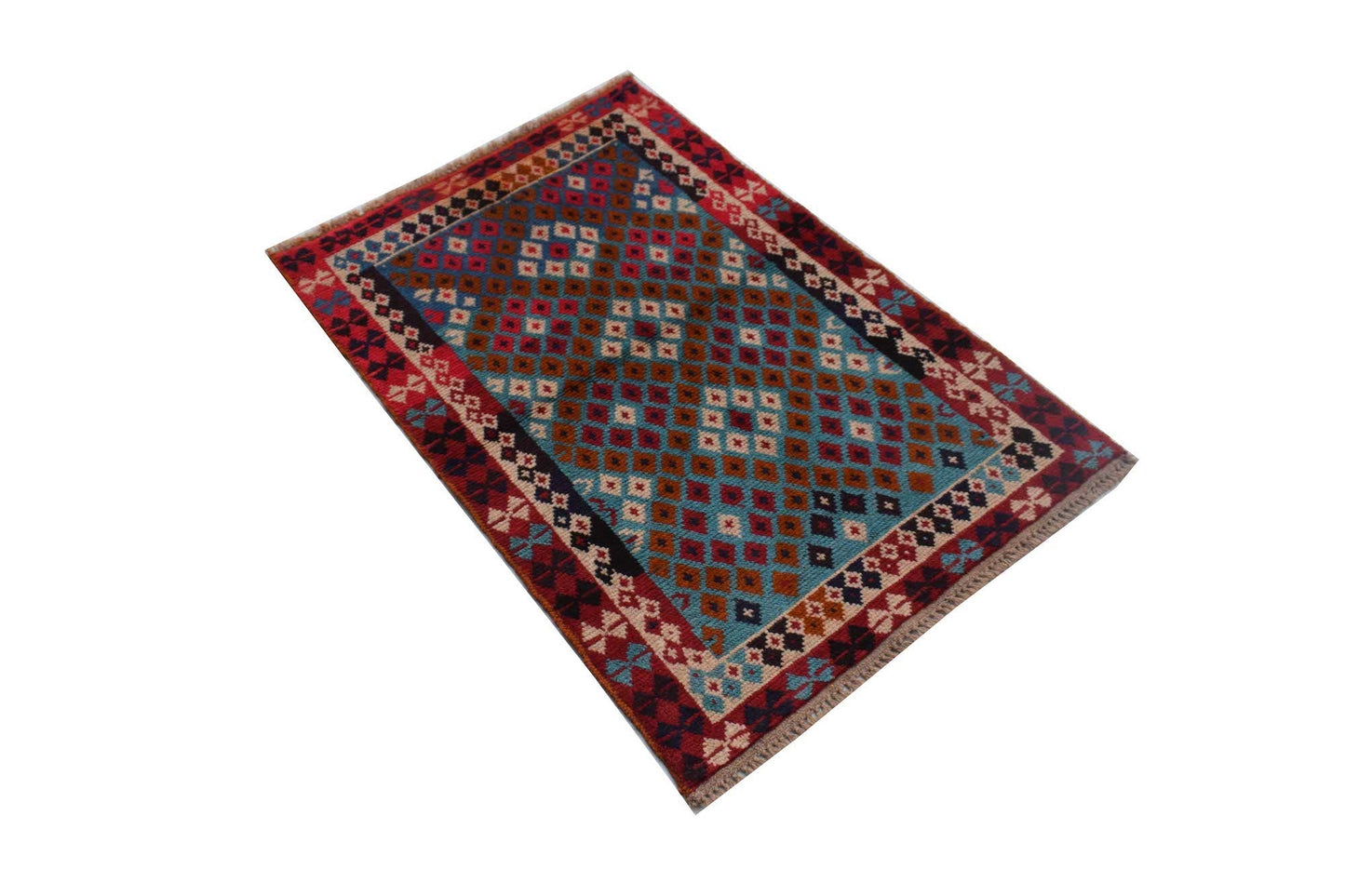 An Afghan Pashm rug featuring a geometric pattern in shades of red, blue, and brown.