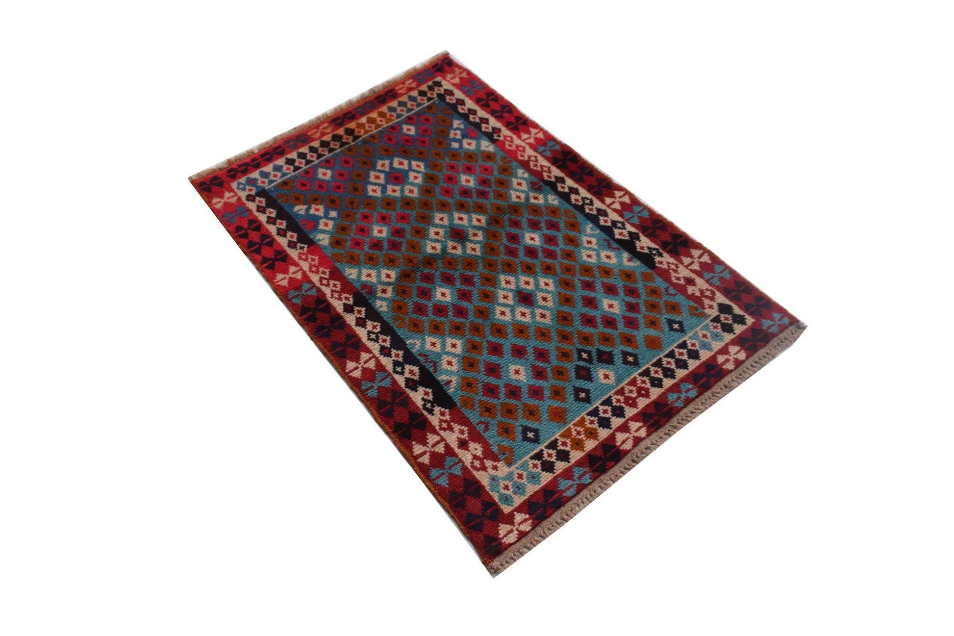 An Afghan Pashm rug featuring a geometric pattern in shades of red, blue, and brown.
