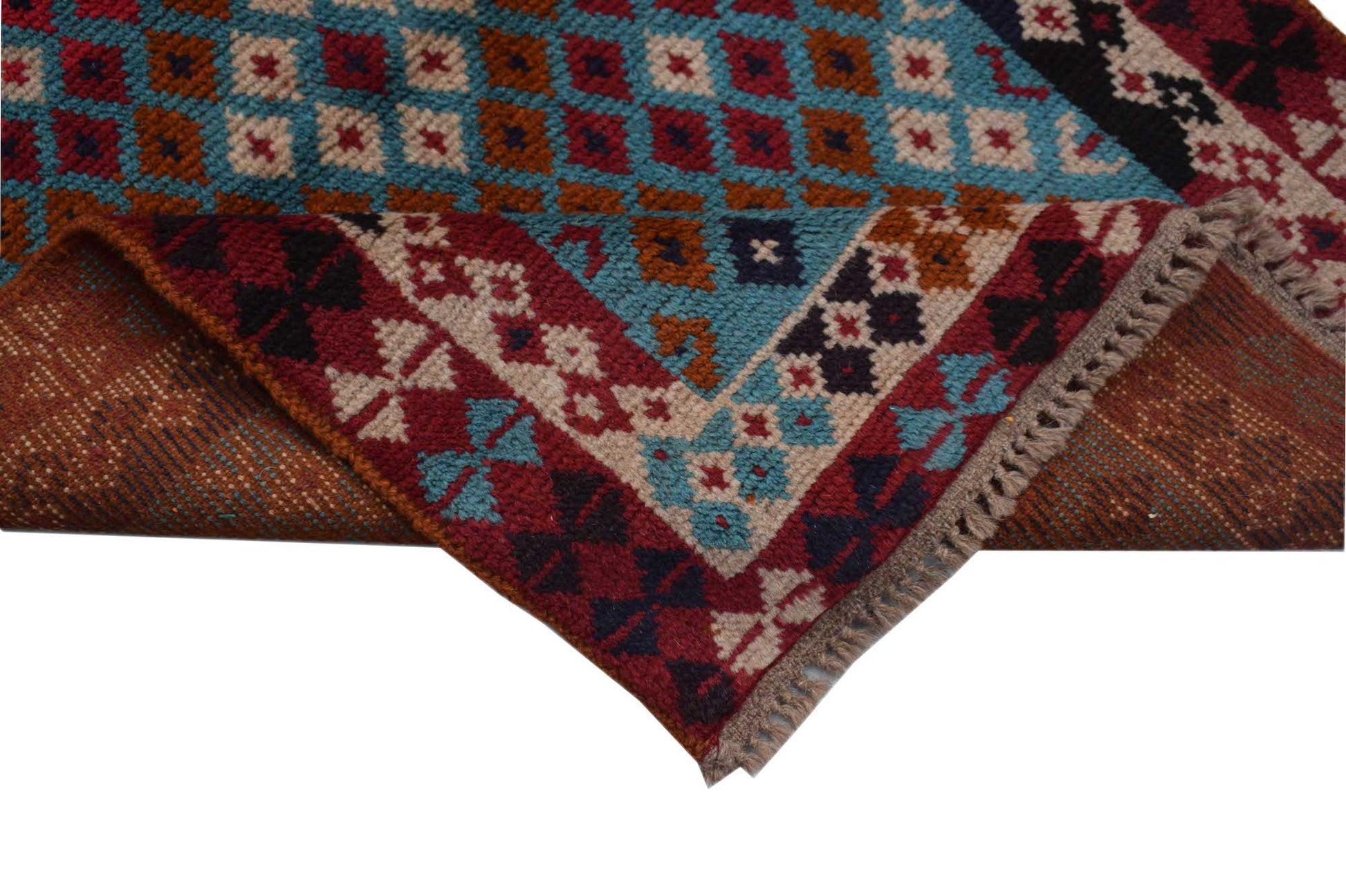 A handmade Afghan Pashm rug featuring a geometric diamond pattern in red, blue, and brown tones.