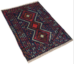 Handmade Afghan Pashm rug featuring a dark blue field with geometric red and ivory patterns.