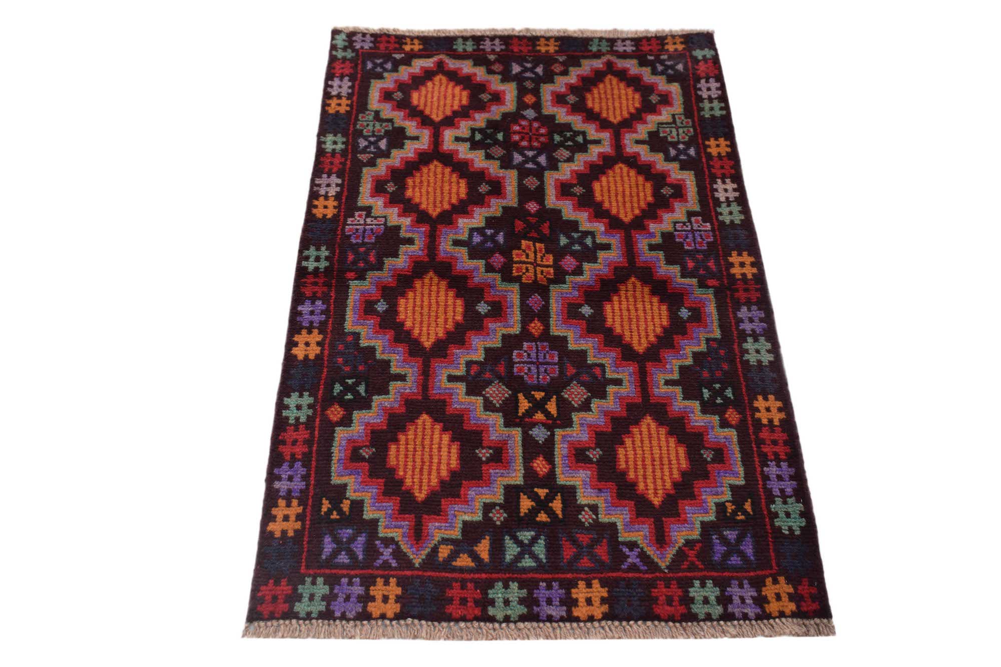 Handmade Afghan Pashm rug featuring a geometric diamond pattern in dark red, brown, and blue tones.