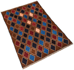 Handmade Afghan Pashm rug featuring a geometric diamond pattern in shades of brown, blue, and red.