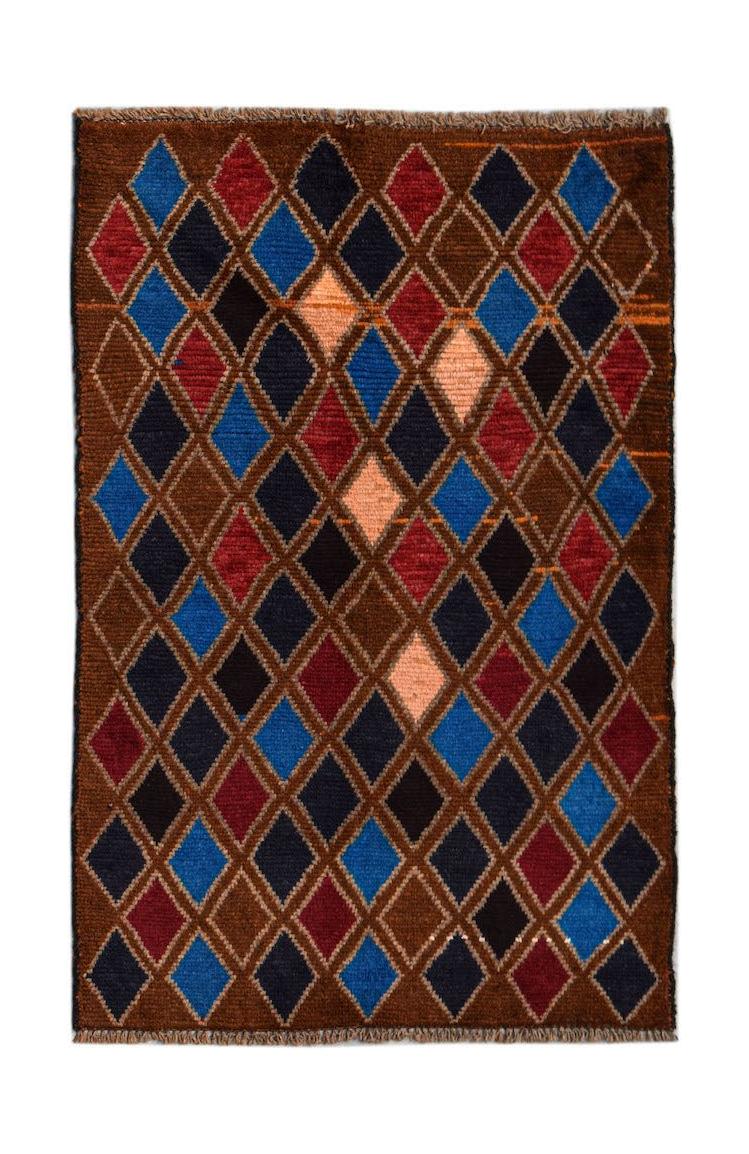 Afghan Pashm Rug with a diamond pattern in brown, red, blue, and peach.