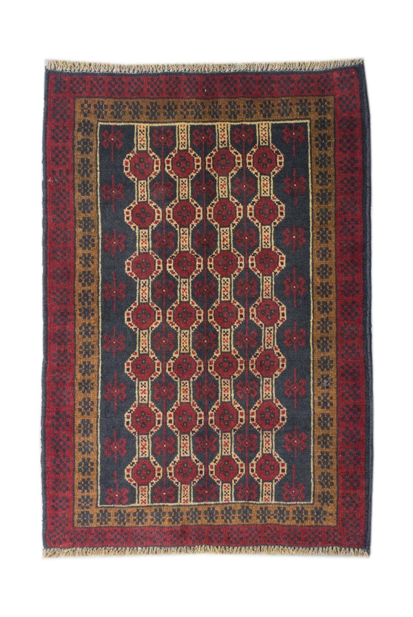 Handmade Afghan Pashm rug featuring a dark blue field with repeating red geometric patterns.