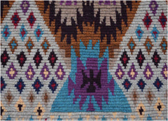 Handmade Afghan Pashm rug featuring a geometric tribal pattern in blue, purple, and brown tones.
