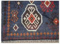 Afghan Pashm Rug with geometric patterns in blue, brown, and red.